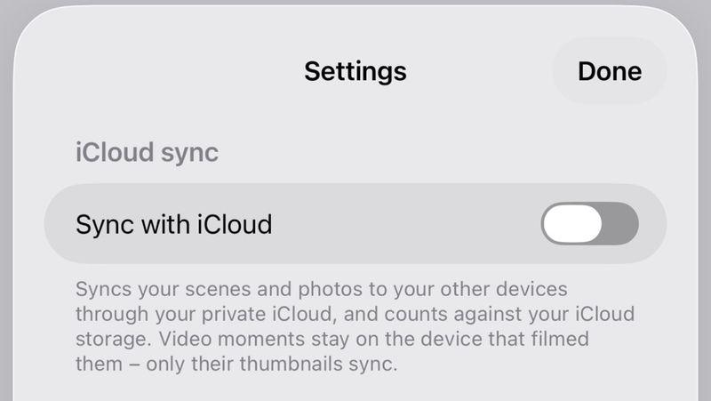 iPhone Settings sheet with a note that sync goes through your private iCloud, counts against your iCloud storage and leaves video moments on the device that filmed them.