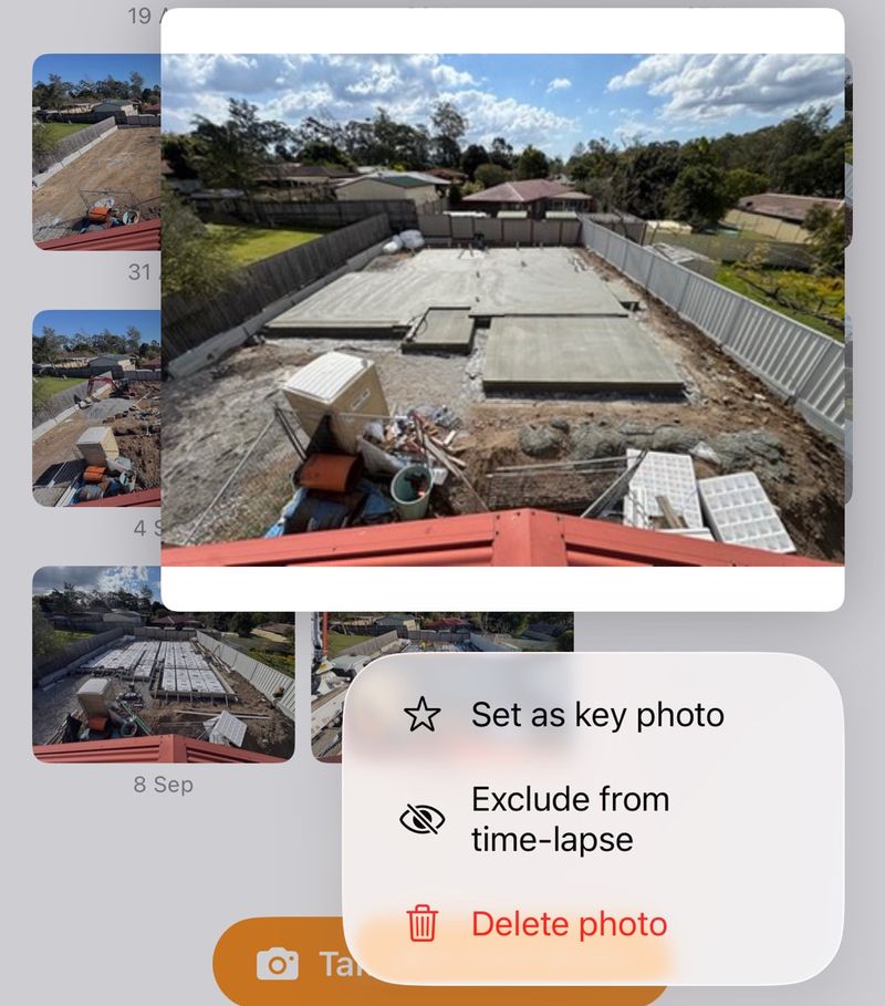 iPhone timeline with a 9 Sep photo lifted and a menu: Set as key photo, Exclude from time-lapse, Delete photo.