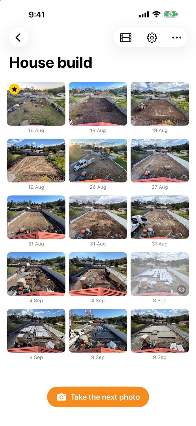 iPhone timeline for House build: 15 photos in a grid dated 16 Aug to 9 Sep, the first starred, above a Take the next photo button.