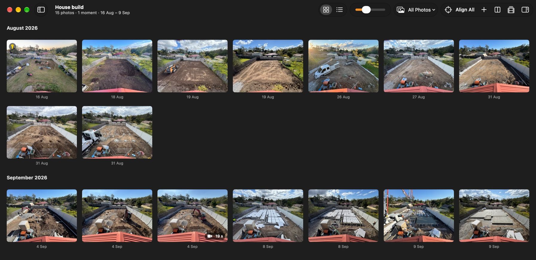 Mac window for House build: photos grouped under August and September 2026, a 19-second moment tile, and Align All in the toolbar.