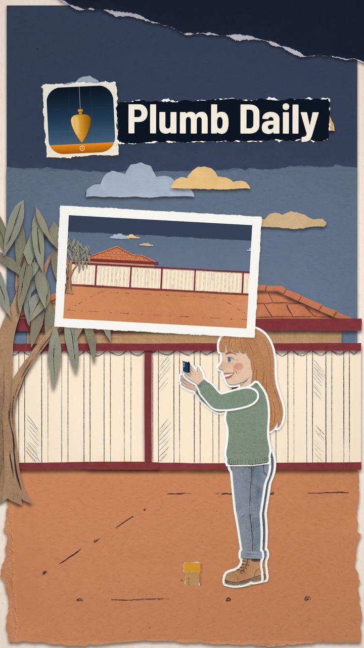 Paper-collage still from the film: a woman holds up a phone to photograph a pegged-out backyard at dusk, with a print of the empty block and the Plumb Daily icon and name above the fence.