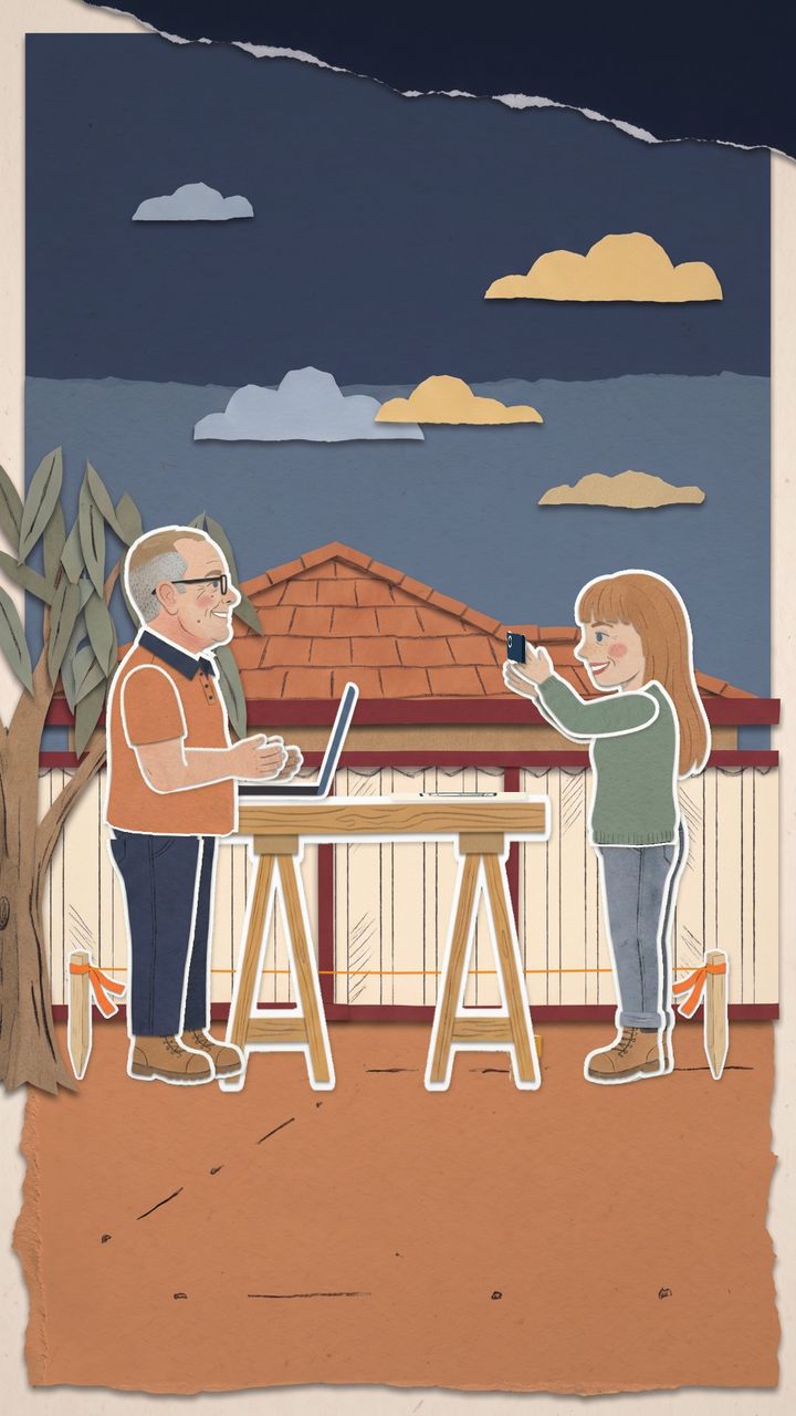 Paper-collage still from the film: on a pegged-out block at dusk, a smiling man in an orange polo and glasses stands at a trestle table with a laptop, while a woman in a green jumper smiles and holds up a phone to take a photo.
