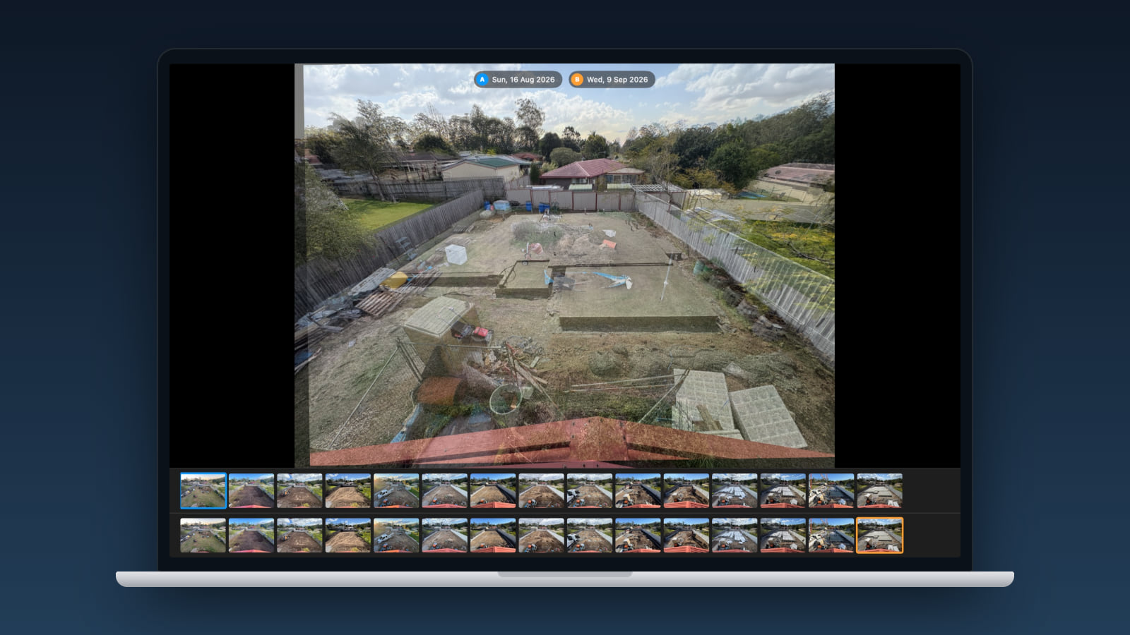 A laptop showing the Mac app's onion-skin compare: the 16 Aug backyard laid see-through over the 9 Sep slab from the same roof, with the fences lined up, above 2 filmstrips of the build