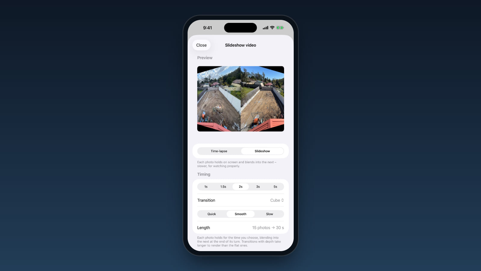An iPhone showing the Slideshow video screen as it looks in version 0.5.0: Cube is chosen as the transition, and the live preview is caught partway through a Cube turn between 2 photos of a backyard build