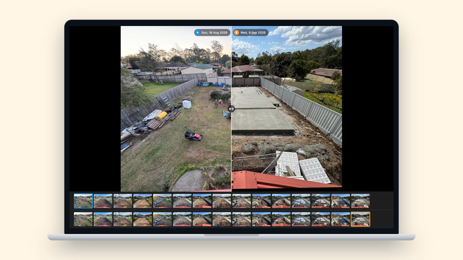 A laptop showing the Mac app's Compare window in Wipe view, as it looks in version 0.5.0: the 16 Aug backyard on the left and the 9 Sep slab on the right, each labelled with its date and split by a divider, above a filmstrip of the scene for each side